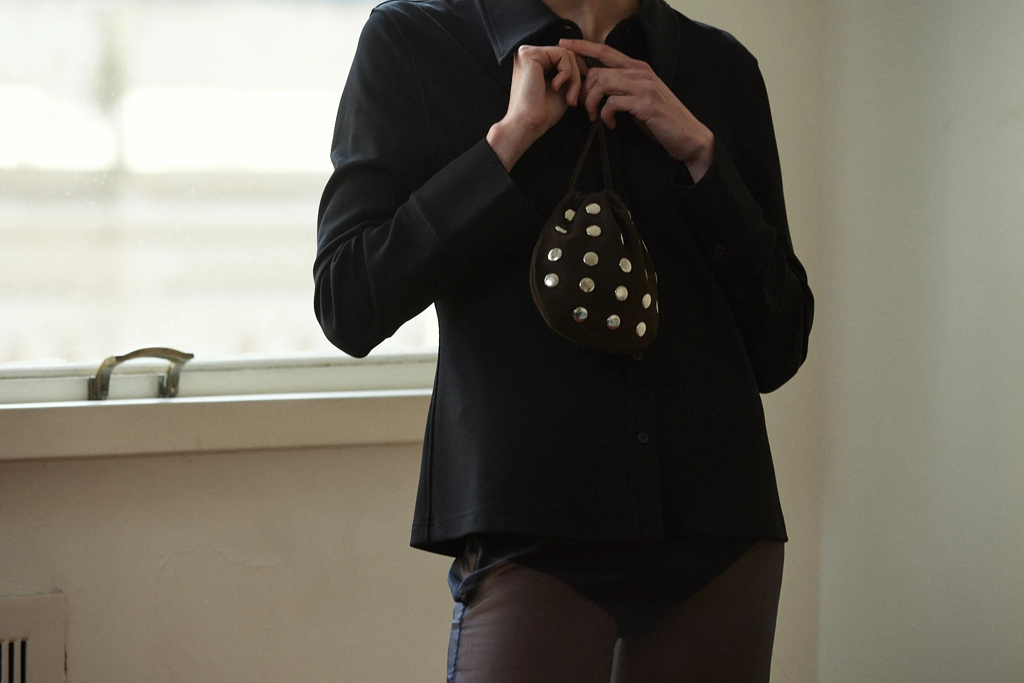 JACINTA Suede Studded Pouch in Chocolat - Image 3